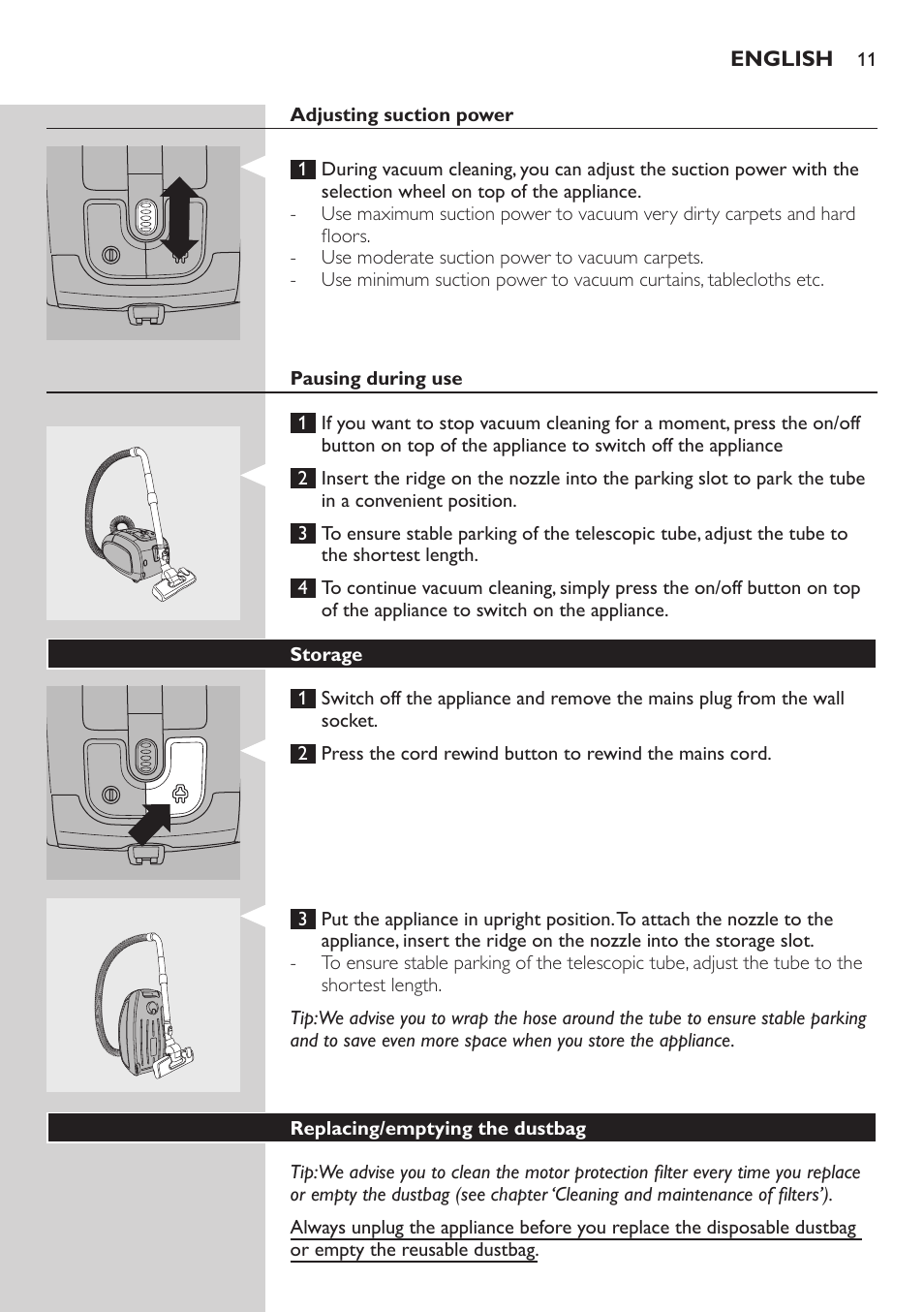 Adjusting suction power, Pausing during use, Storage | Replacing/emptying the dustbag | Philips SilentStar Aspirateur avec sac User Manual | Page 11 / 166