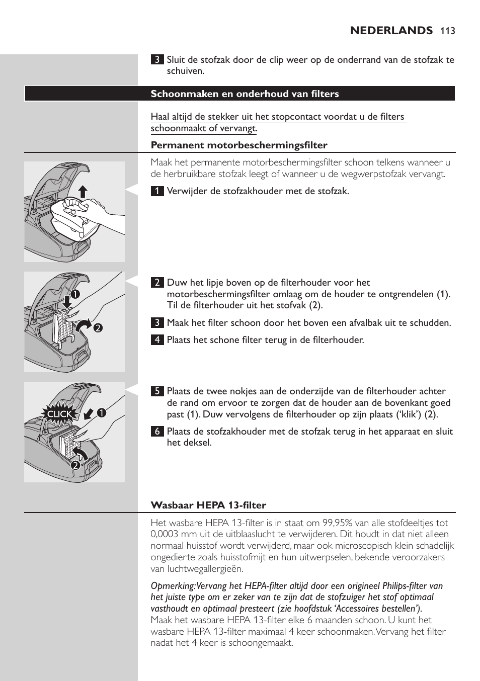 Schoonmaken en onderhoud van filters, Permanent motorbeschermingsfilter, Wasbaar hepa 13-filter | Philips SilentStar Aspirateur avec sac User Manual | Page 113 / 166