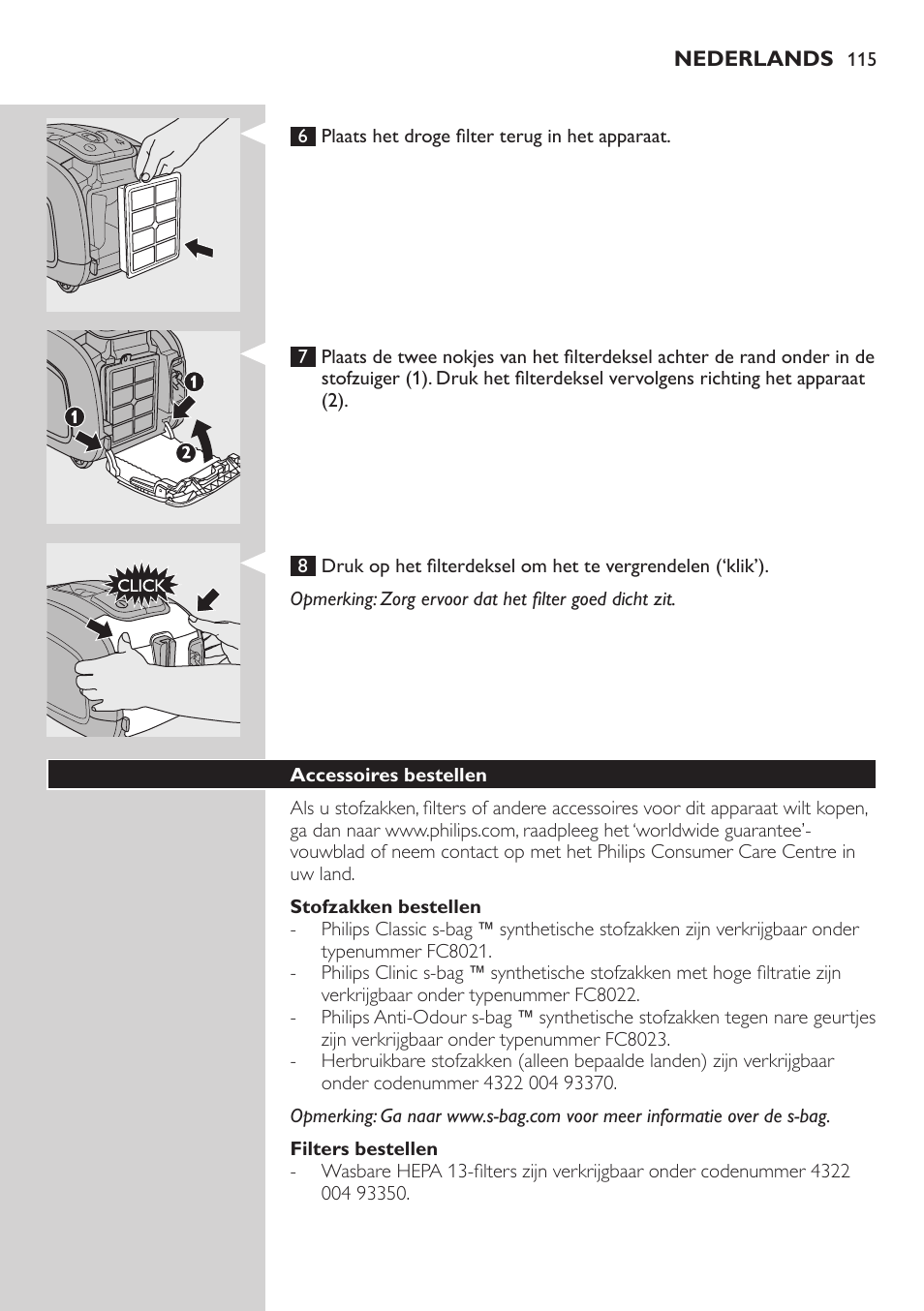 Stofzakken bestellen, Filters bestellen, Accessoires bestellen | Philips SilentStar Aspirateur avec sac User Manual | Page 115 / 166