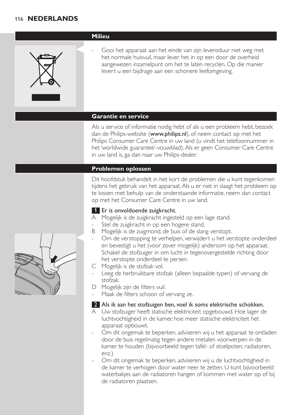 Milieu, Garantie en service, Problemen oplossen | Philips SilentStar Aspirateur avec sac User Manual | Page 116 / 166