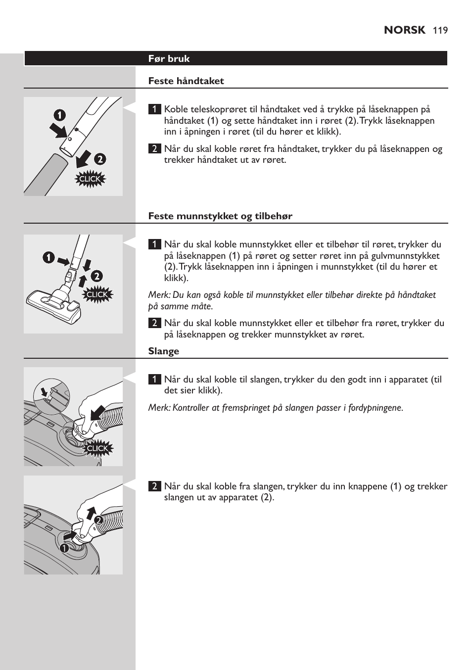 Før bruk, Feste håndtaket, Feste munnstykket og tilbehør | Slange | Philips SilentStar Aspirateur avec sac User Manual | Page 119 / 166