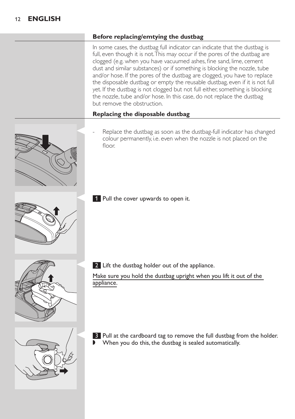 Before replacing/emtying the dustbag, Replacing the disposable dustbag | Philips SilentStar Aspirateur avec sac User Manual | Page 12 / 166