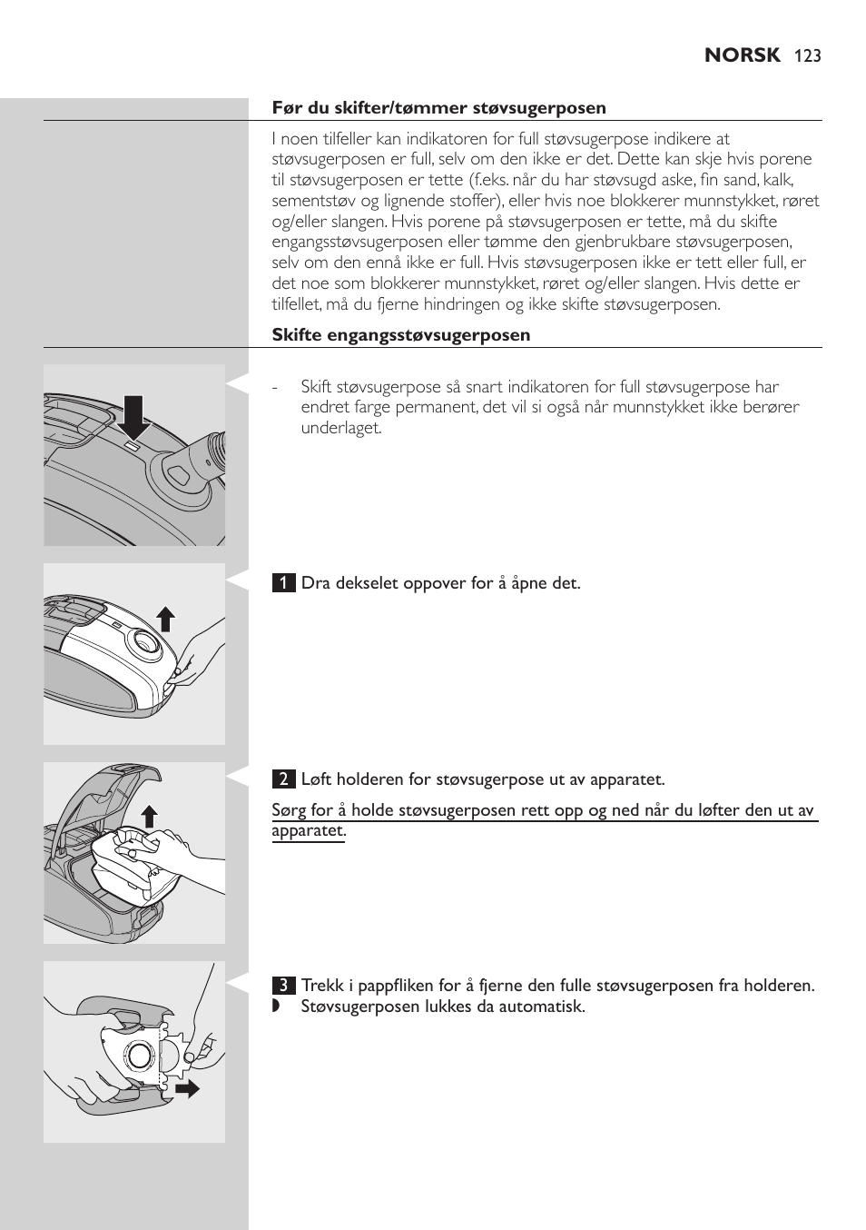 Før du skifter/tømmer støvsugerposen, Skifte engangsstøvsugerposen | Philips SilentStar Aspirateur avec sac User Manual | Page 123 / 166