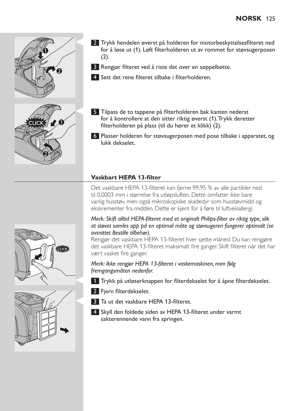 Vaskbart hepa 13-filter | Philips SilentStar Aspirateur avec sac User Manual | Page 125 / 166