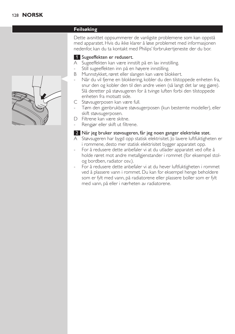 Feilsøking | Philips SilentStar Aspirateur avec sac User Manual | Page 128 / 166