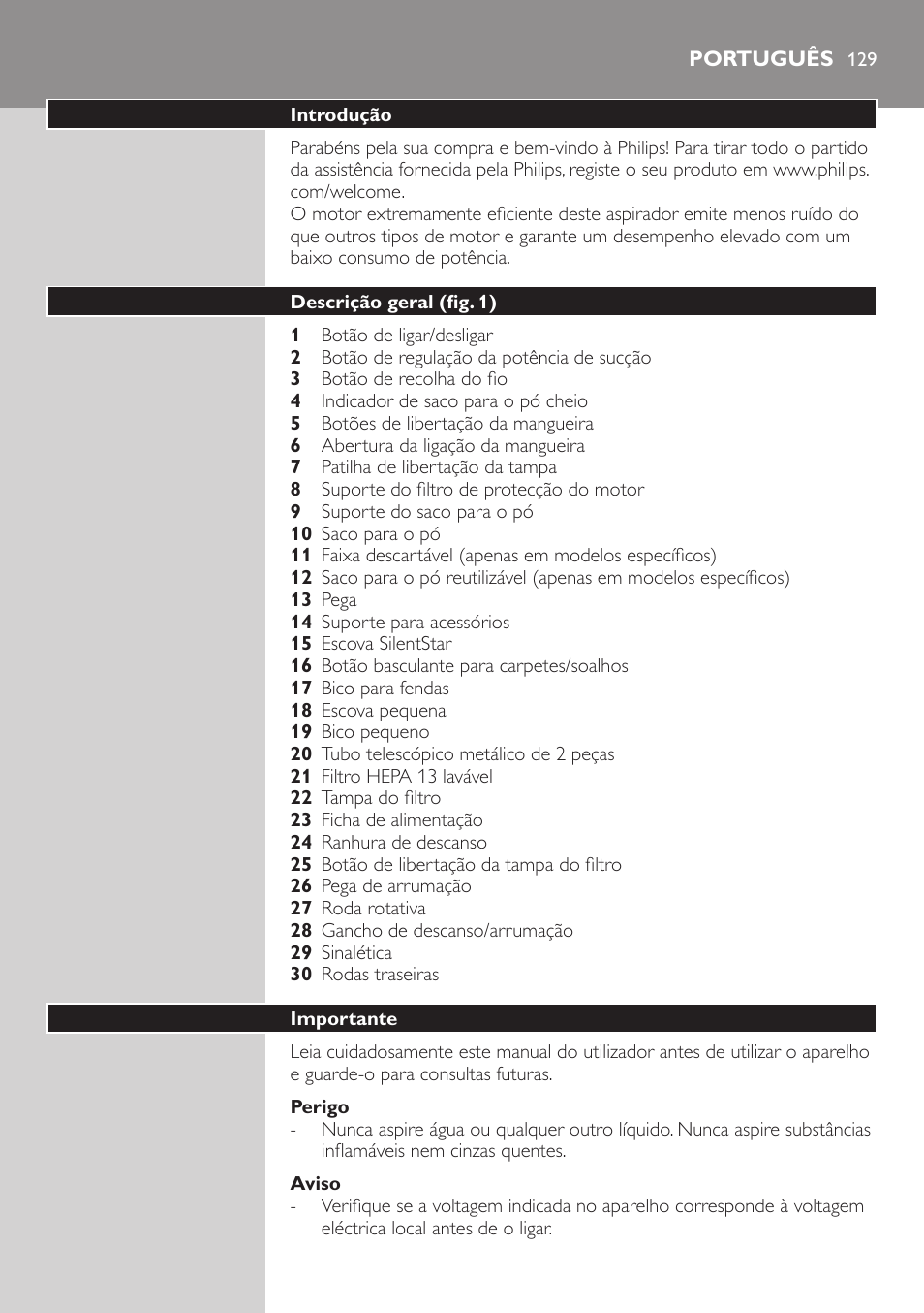 Perigo, Aviso, Português | Introdução, Descrição geral (fig. 1), Importante | Philips SilentStar Aspirateur avec sac User Manual | Page 129 / 166