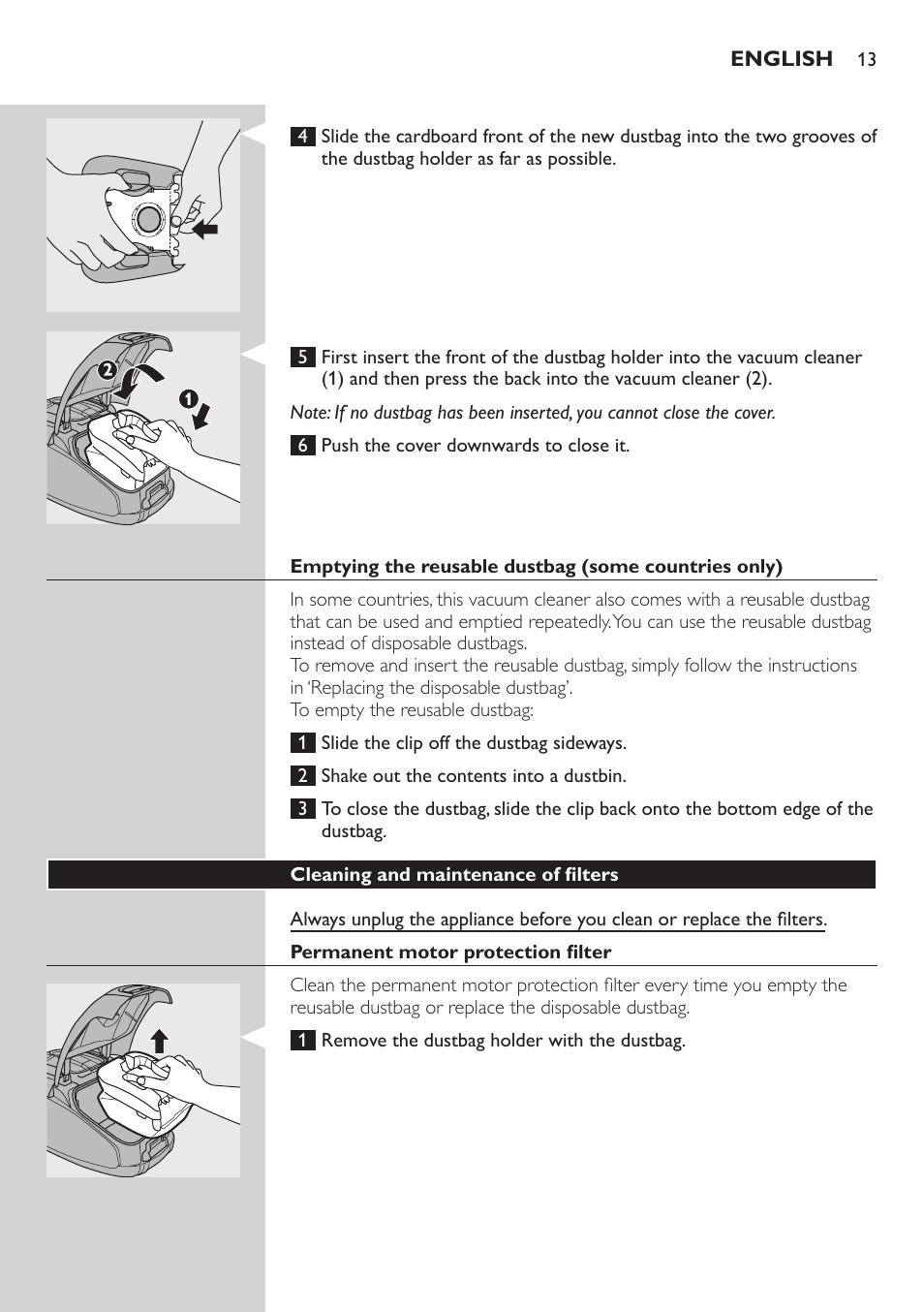Cleaning and maintenance of filters, Permanent motor protection filter | Philips SilentStar Aspirateur avec sac User Manual | Page 13 / 166