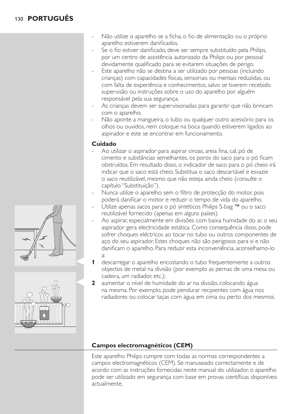 Cuidado, Campos electromagnéticos (cem) | Philips SilentStar Aspirateur avec sac User Manual | Page 130 / 166