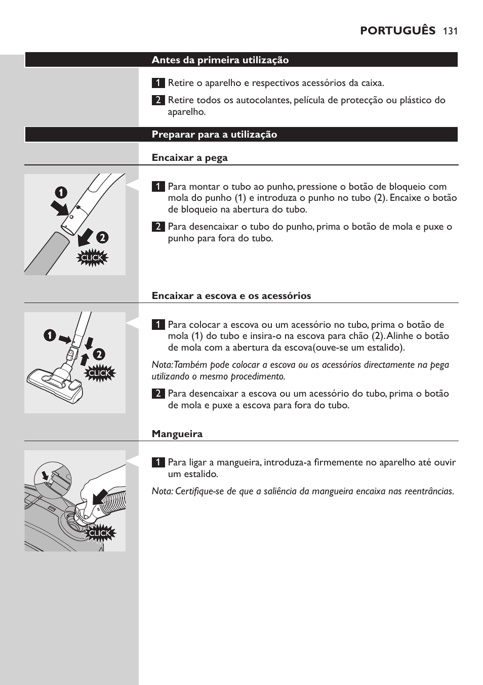 Antes da primeira utilização, Preparar para a utilização, Encaixar a pega | Encaixar a escova e os acessórios, Mangueira | Philips SilentStar Aspirateur avec sac User Manual | Page 131 / 166