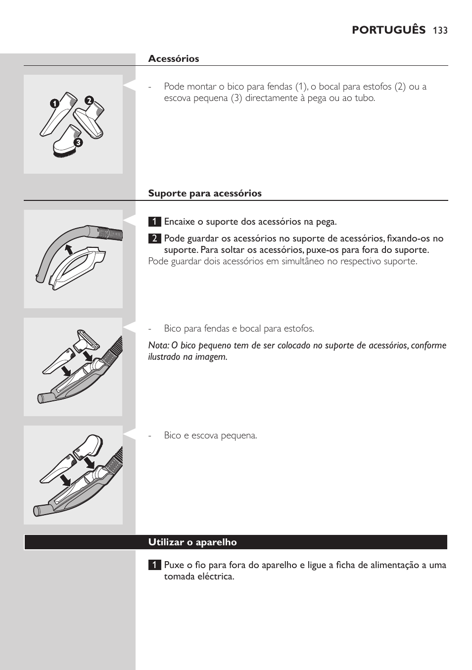 Acessórios, Suporte para acessórios, Utilizar o aparelho | Philips SilentStar Aspirateur avec sac User Manual | Page 133 / 166