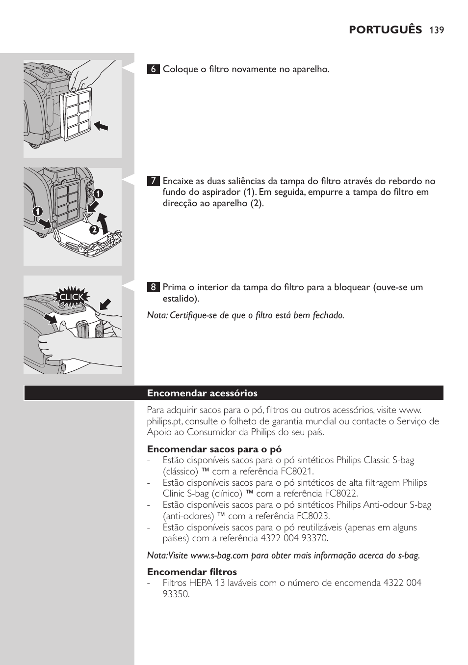 Encomendar sacos para o pó, Encomendar filtros, Encomendar acessórios | Philips SilentStar Aspirateur avec sac User Manual | Page 139 / 166