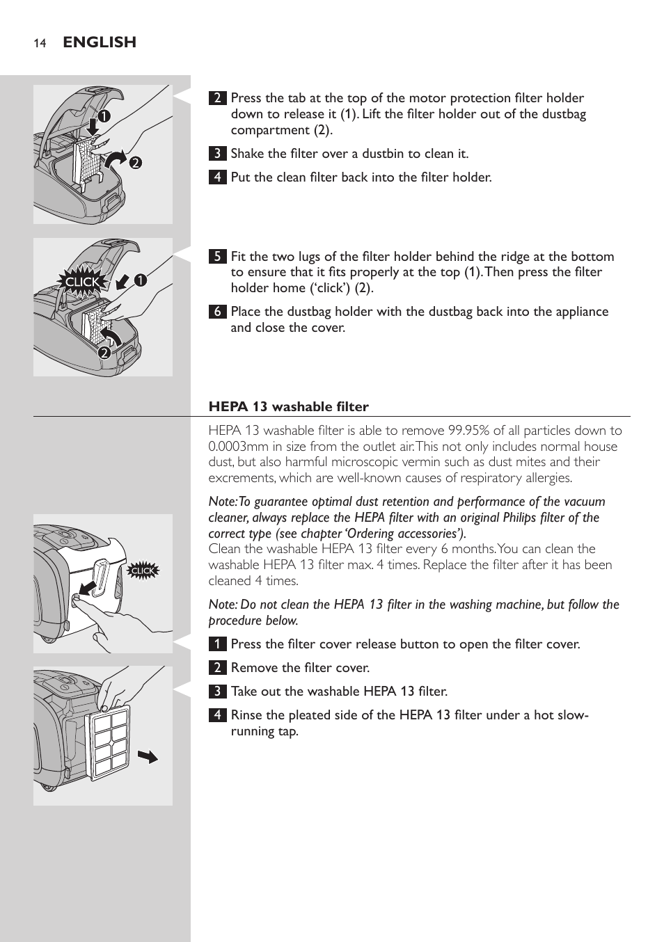 Hepa 13 washable filter | Philips SilentStar Aspirateur avec sac User Manual | Page 14 / 166