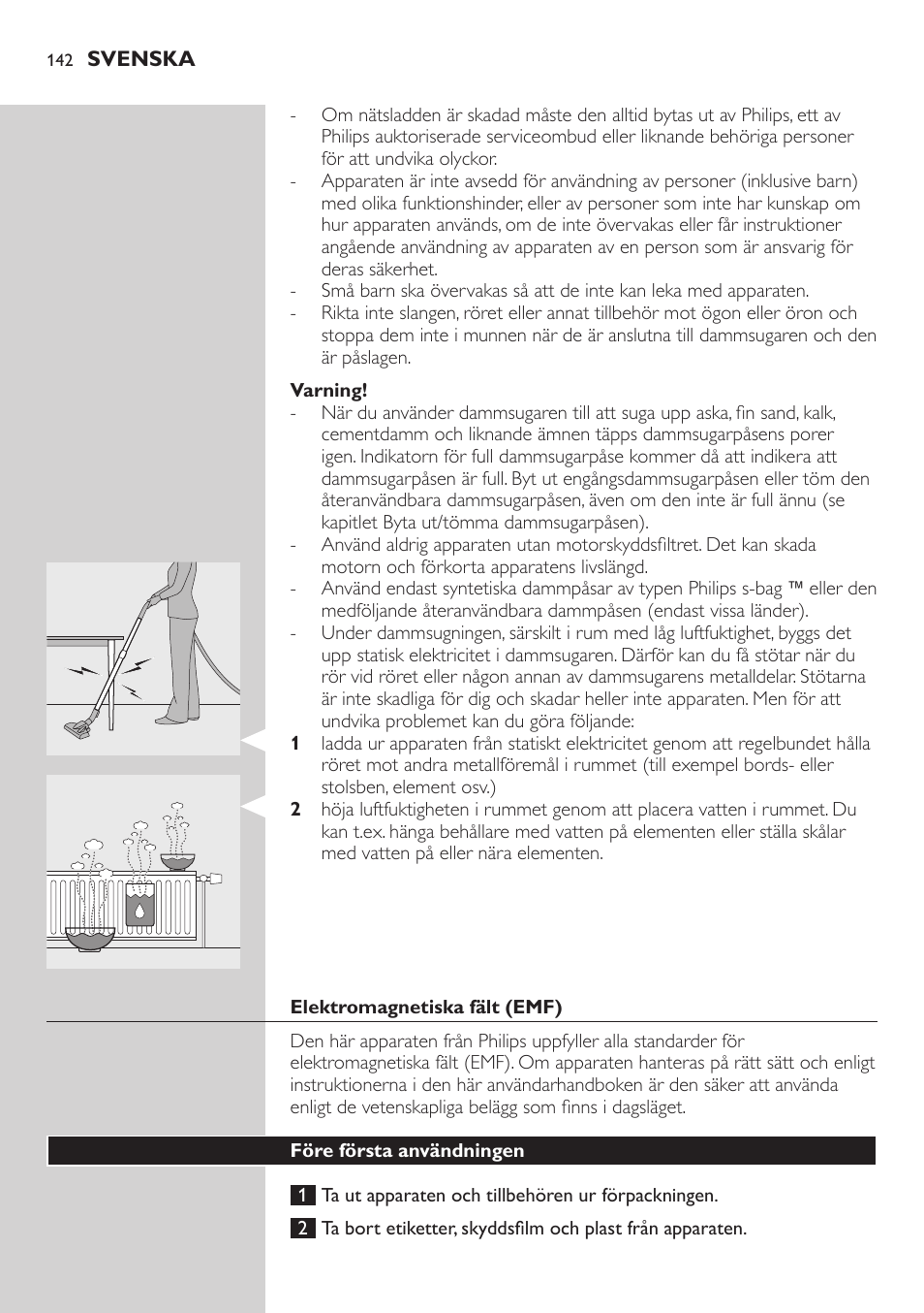 Varning, Elektromagnetiska fält (emf), Före första användningen | Philips SilentStar Aspirateur avec sac User Manual | Page 142 / 166