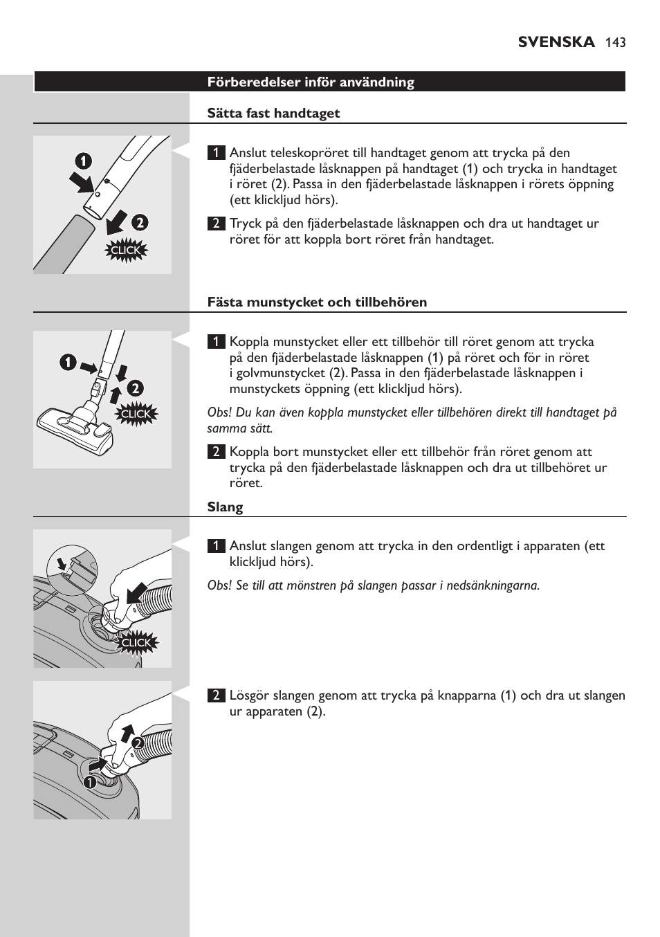 Förberedelser inför användning, Sätta fast handtaget, Fästa munstycket och tillbehören | Slang | Philips SilentStar Aspirateur avec sac User Manual | Page 143 / 166