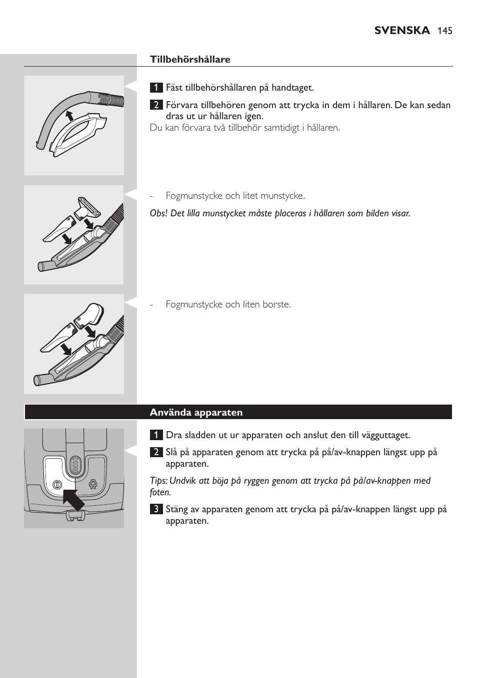 Tillbehörshållare, Använda apparaten | Philips SilentStar Aspirateur avec sac User Manual | Page 145 / 166