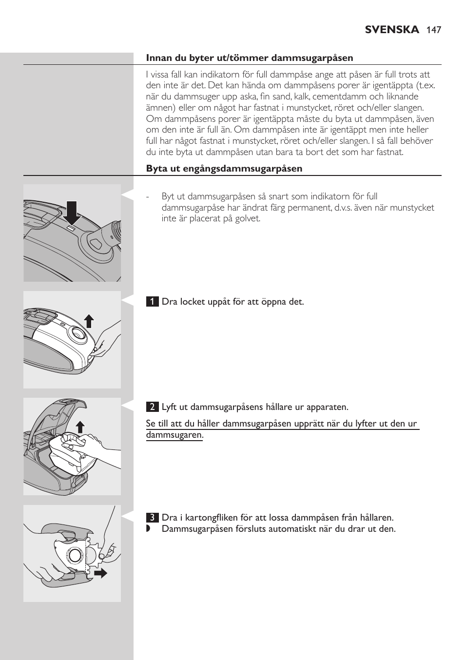 Innan du byter ut/tömmer dammsugarpåsen, Byta ut engångsdammsugarpåsen | Philips SilentStar Aspirateur avec sac User Manual | Page 147 / 166