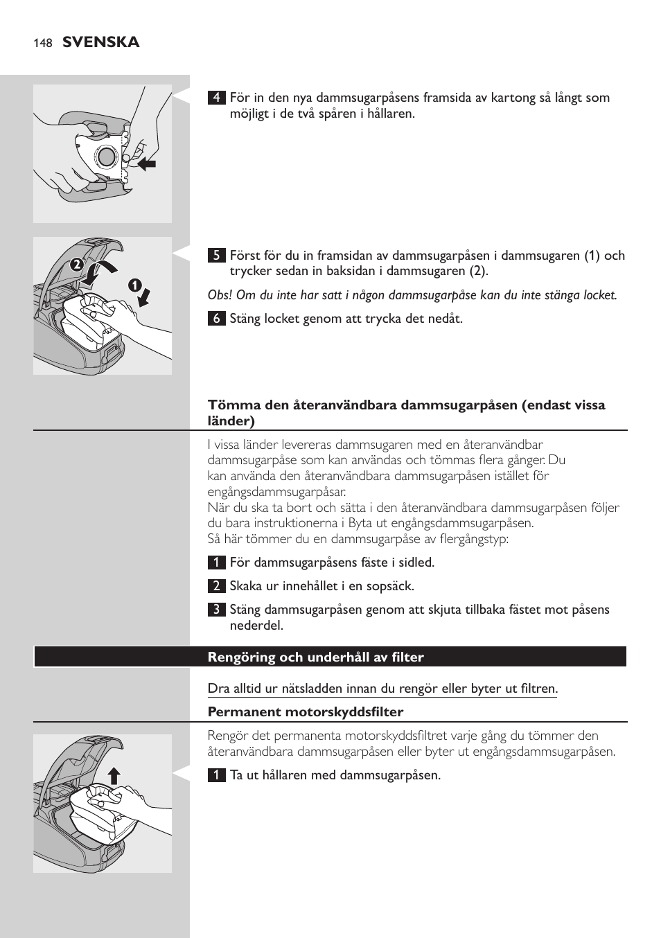 Rengöring och underhåll av filter, Permanent motorskyddsfilter | Philips SilentStar Aspirateur avec sac User Manual | Page 148 / 166