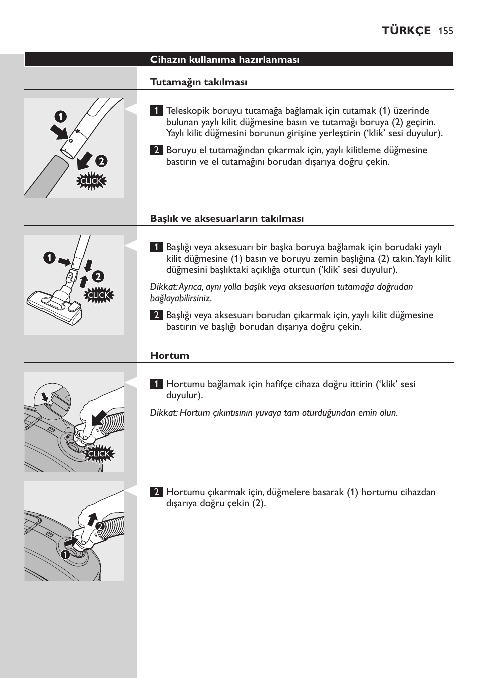 Cihazın kullanıma hazırlanması, Tutamağın takılması, Başlık ve aksesuarların takılması | Hortum | Philips SilentStar Aspirateur avec sac User Manual | Page 155 / 166