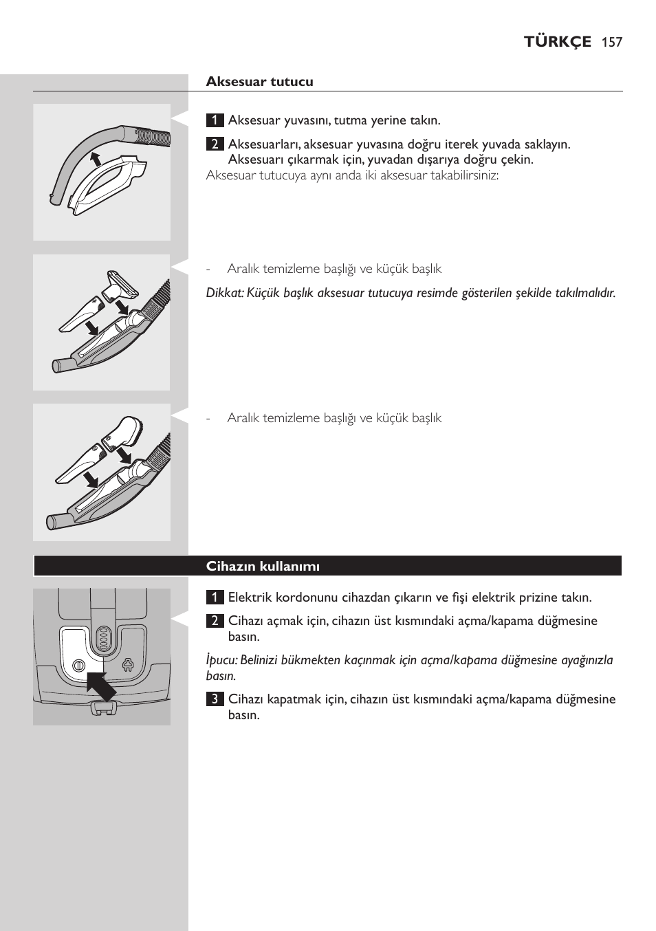 Aksesuar tutucu, Cihazın kullanımı | Philips SilentStar Aspirateur avec sac User Manual | Page 157 / 166