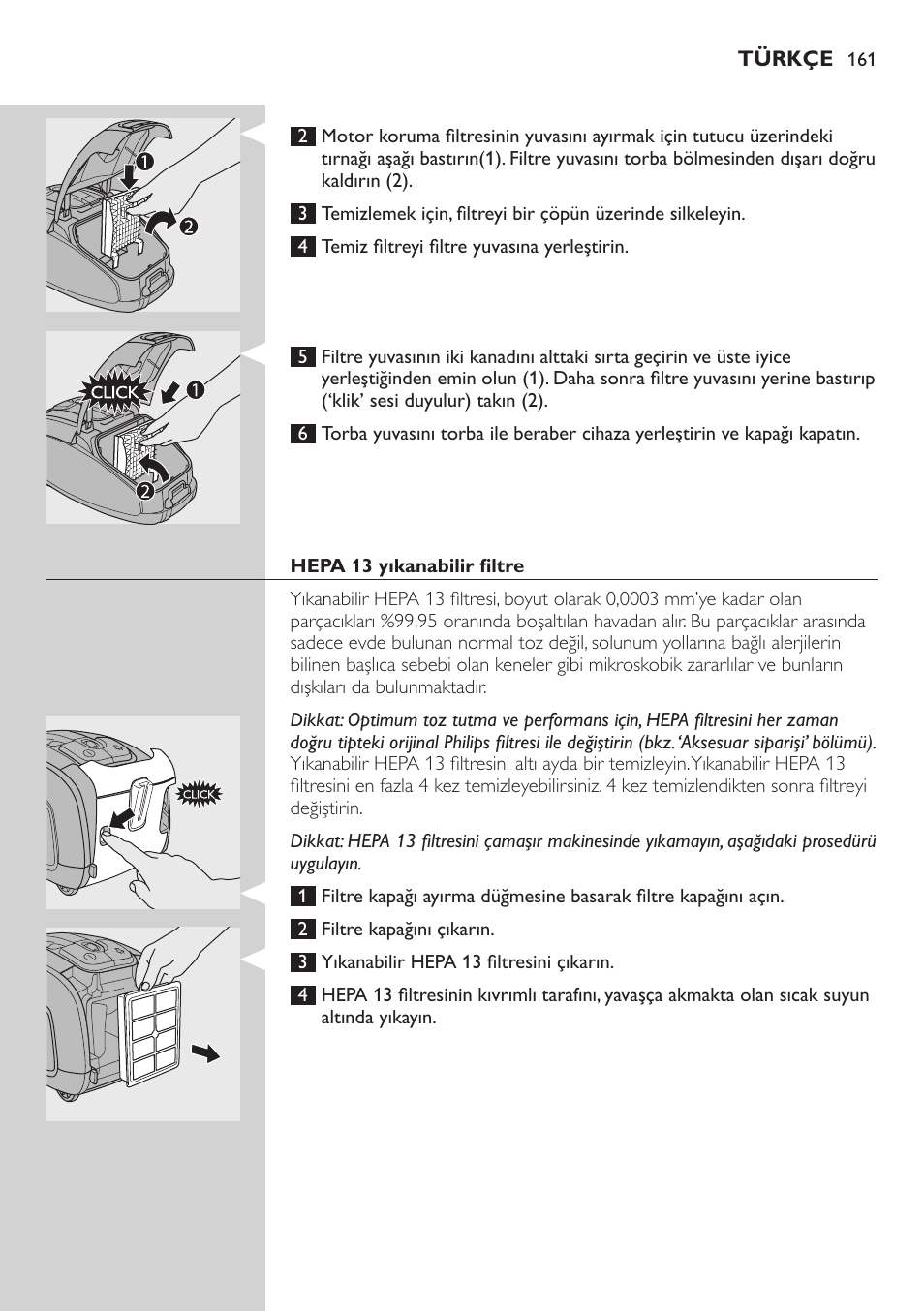 Hepa 13 yıkanabilir filtre | Philips SilentStar Aspirateur avec sac User Manual | Page 161 / 166