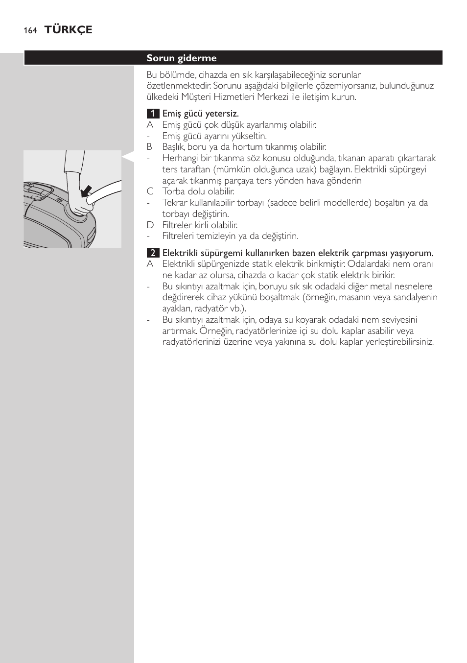 Sorun giderme | Philips SilentStar Aspirateur avec sac User Manual | Page 164 / 166