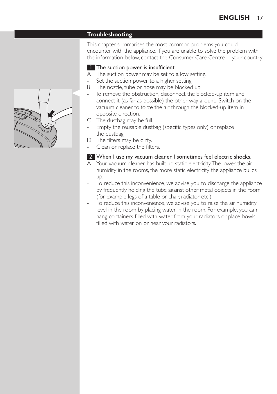 Troubleshooting | Philips SilentStar Aspirateur avec sac User Manual | Page 17 / 166