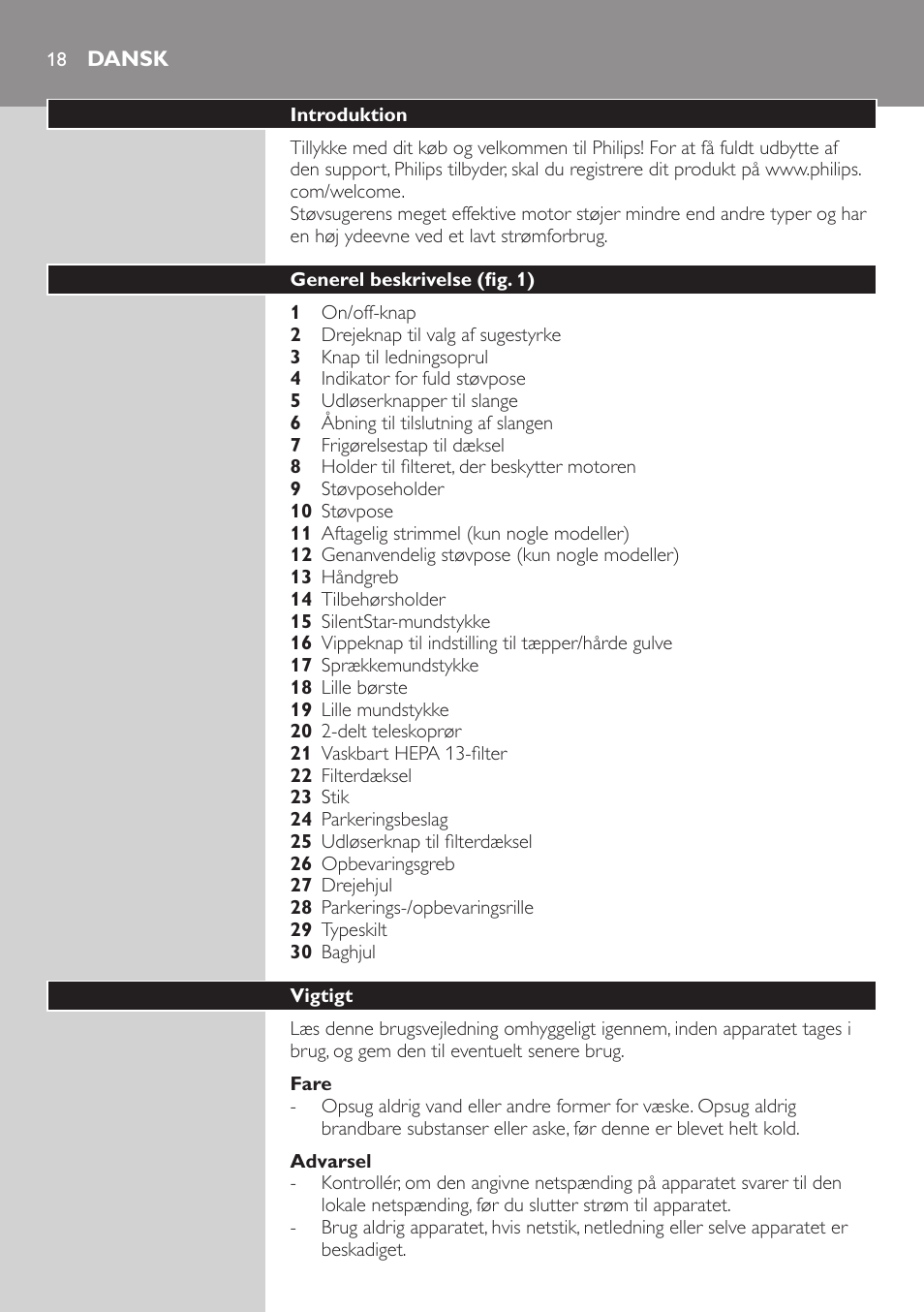 Fare, Advarsel, Dansk | Introduktion, Generel beskrivelse (fig. 1), Vigtigt | Philips SilentStar Aspirateur avec sac User Manual | Page 18 / 166