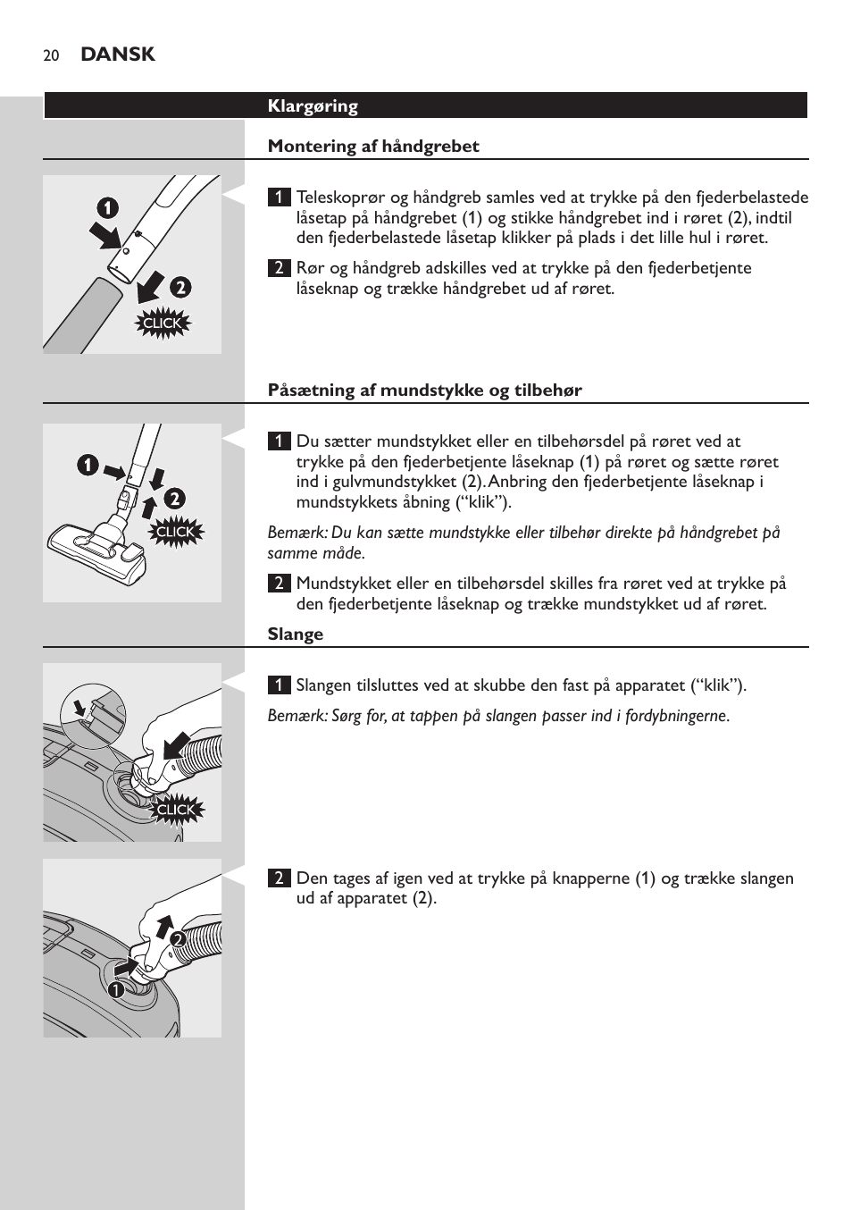 Klargøring, Montering af håndgrebet, Påsætning af mundstykke og tilbehør | Slange | Philips SilentStar Aspirateur avec sac User Manual | Page 20 / 166