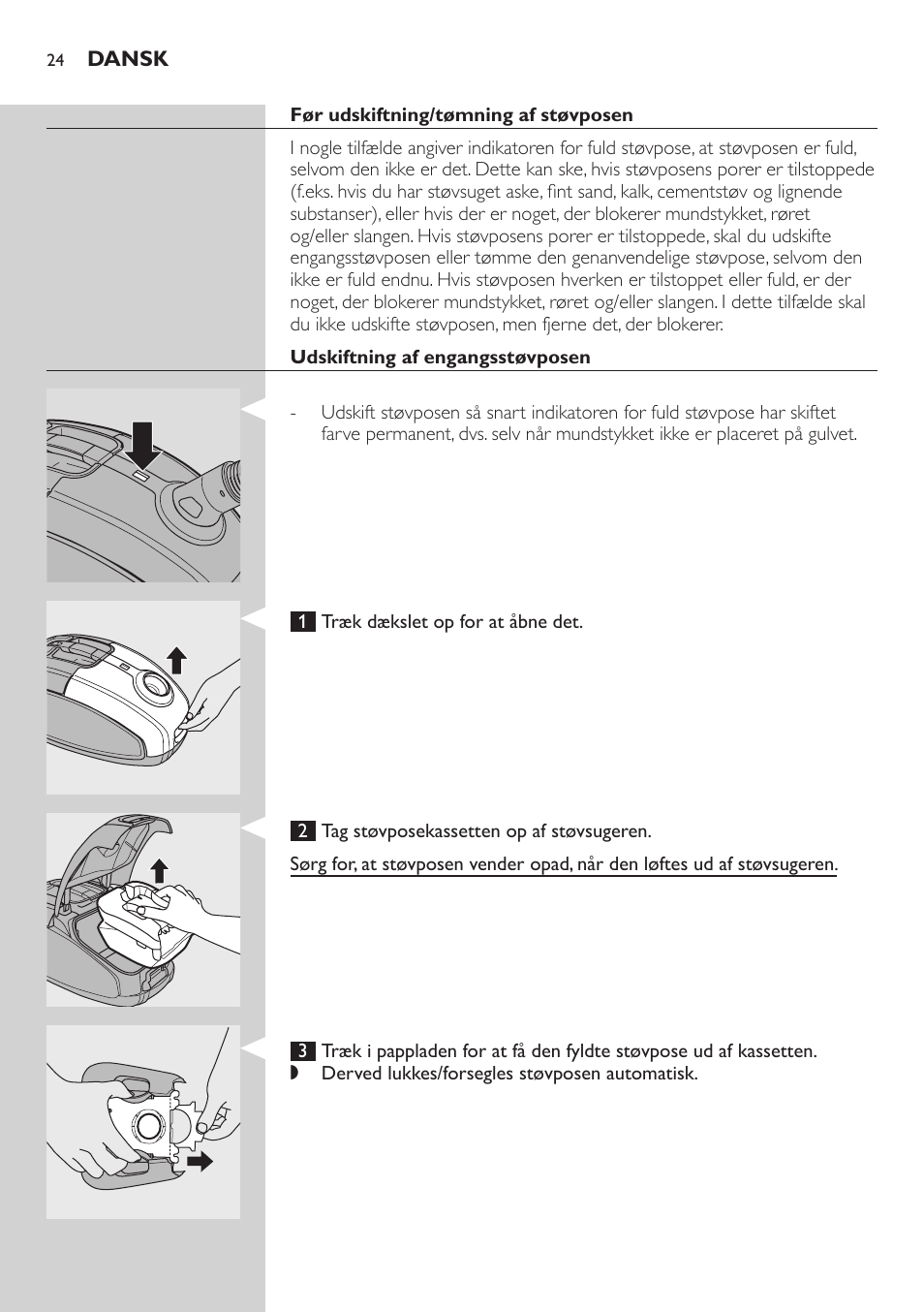 Før udskiftning/tømning af støvposen, Udskiftning af engangsstøvposen | Philips SilentStar Aspirateur avec sac User Manual | Page 24 / 166