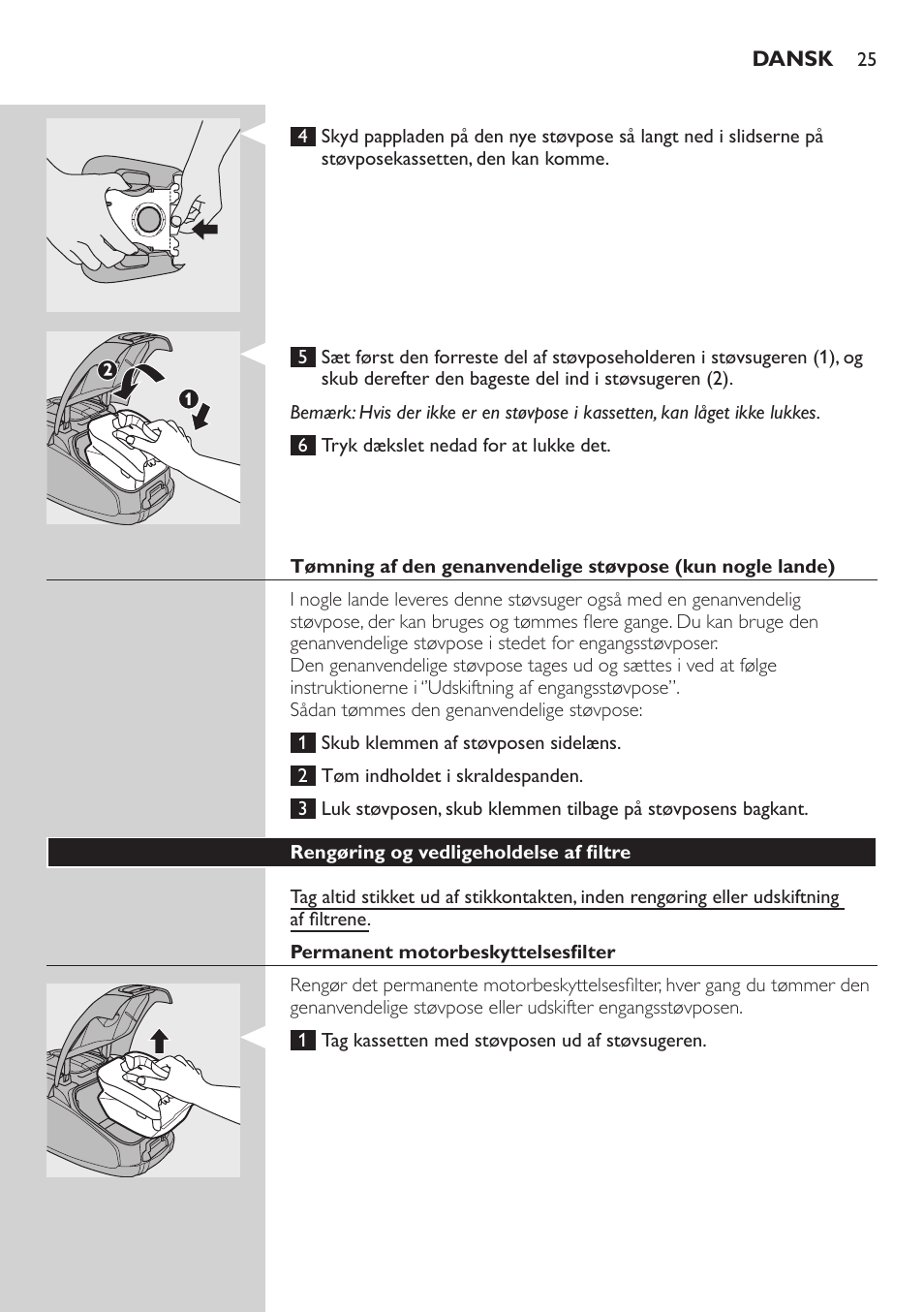 Rengøring og vedligeholdelse af filtre, Permanent motorbeskyttelsesfilter | Philips SilentStar Aspirateur avec sac User Manual | Page 25 / 166