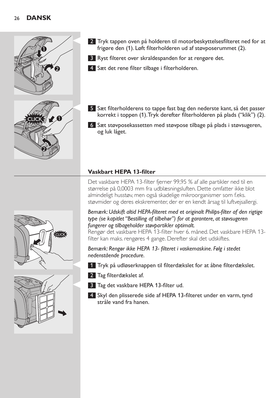 Vaskbart hepa 13-filter | Philips SilentStar Aspirateur avec sac User Manual | Page 26 / 166