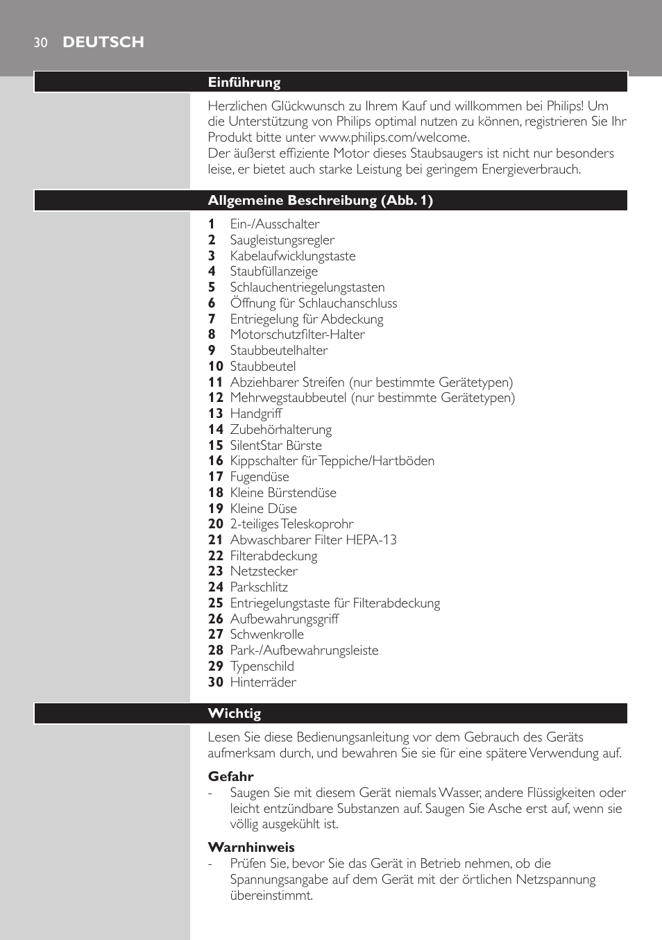 Gefahr, Warnhinweis, Deutsch | Einführung, Allgemeine beschreibung (abb. 1), Wichtig | Philips SilentStar Aspirateur avec sac User Manual | Page 30 / 166