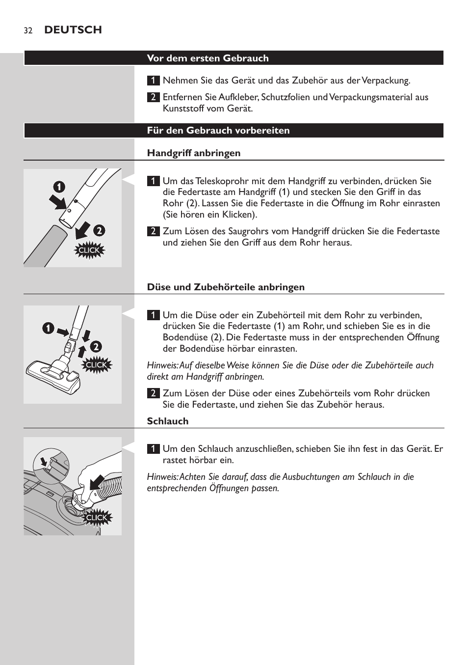 Vor dem ersten gebrauch, Für den gebrauch vorbereiten, Handgriff anbringen | Düse und zubehörteile anbringen, Schlauch | Philips SilentStar Aspirateur avec sac User Manual | Page 32 / 166