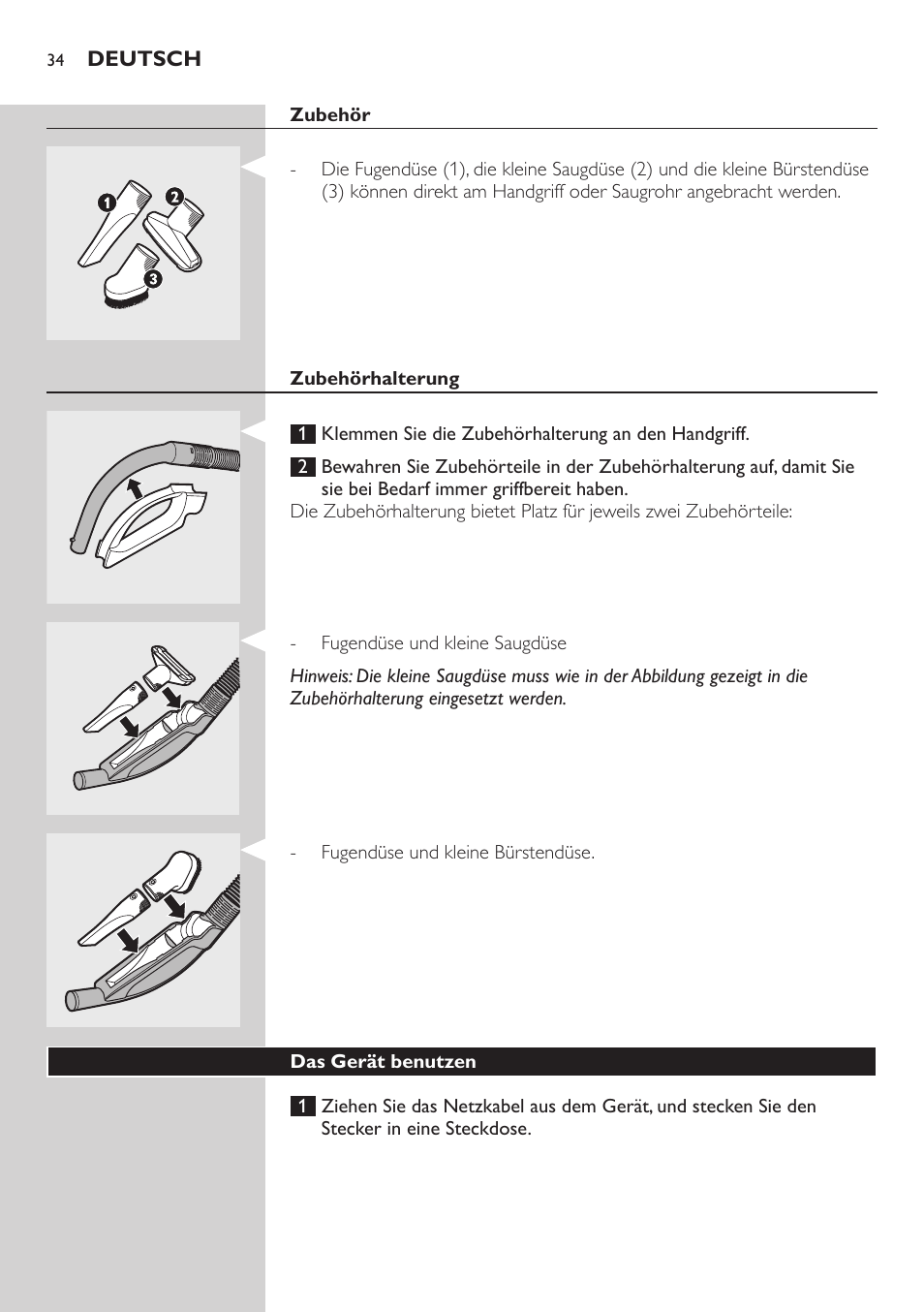 Zubehör, Zubehörhalterung, Das gerät benutzen | Philips SilentStar Aspirateur avec sac User Manual | Page 34 / 166