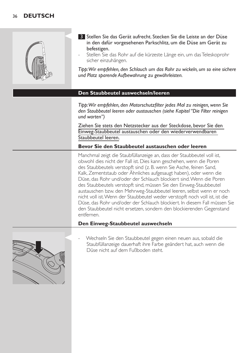 Den staubbeutel auswechseln/leeren, Bevor sie den staubbeutel austauschen oder leeren, Den einweg-staubbeutel auswechseln | Philips SilentStar Aspirateur avec sac User Manual | Page 36 / 166