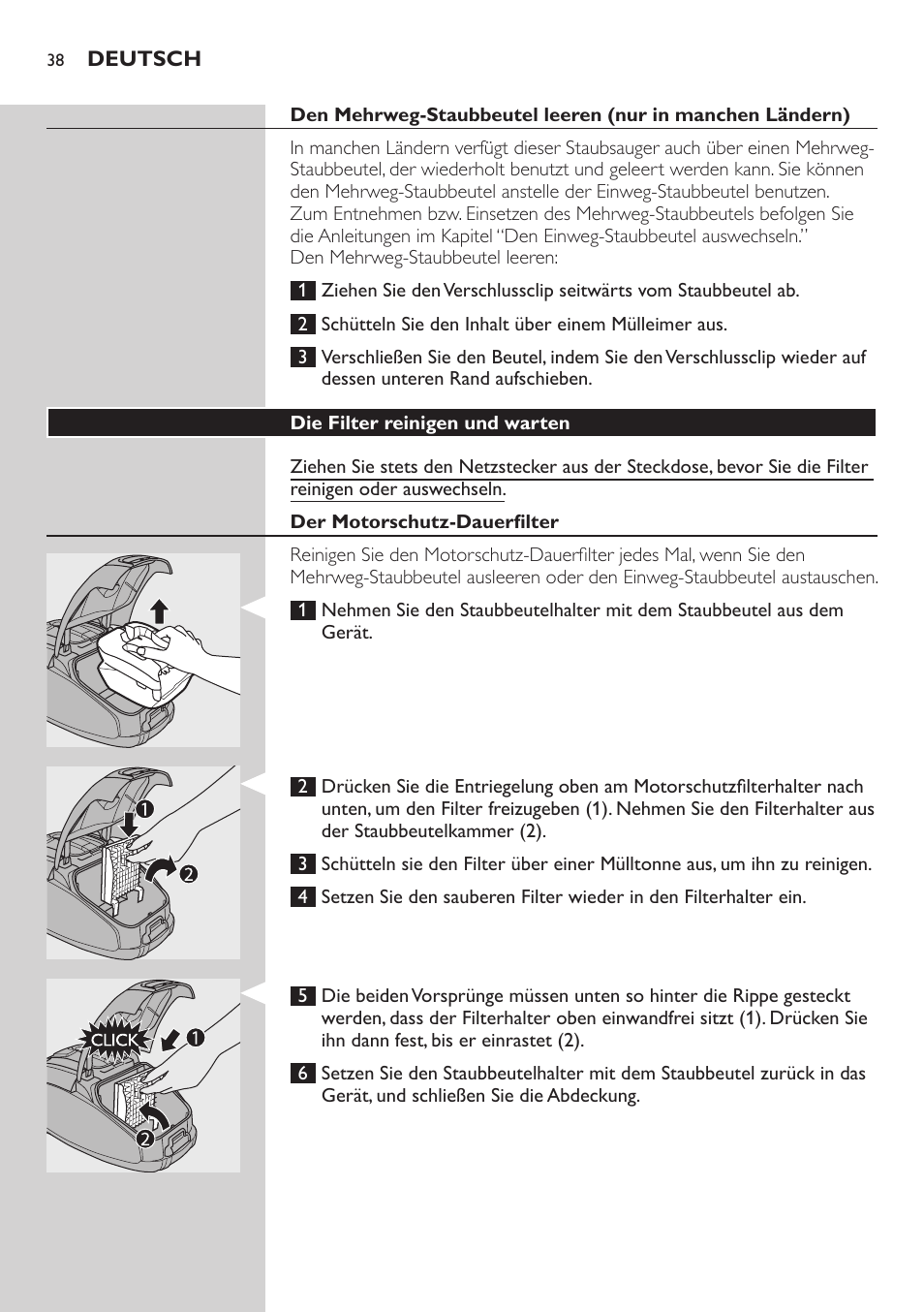 Die filter reinigen und warten, Der motorschutz-dauerfilter | Philips SilentStar Aspirateur avec sac User Manual | Page 38 / 166