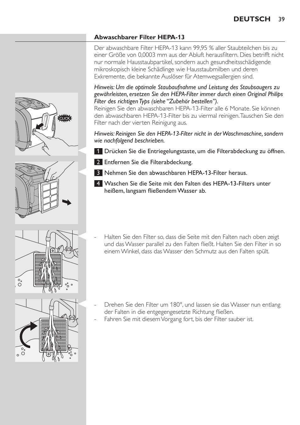 Abwaschbarer filter hepa-13 | Philips SilentStar Aspirateur avec sac User Manual | Page 39 / 166