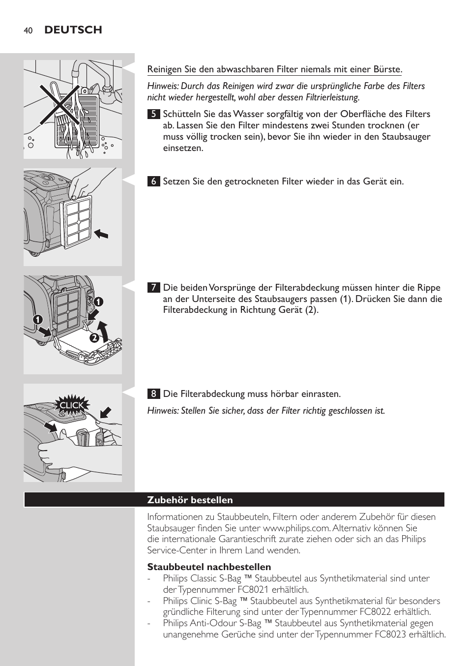 Staubbeutel nachbestellen, Zubehör bestellen | Philips SilentStar Aspirateur avec sac User Manual | Page 40 / 166