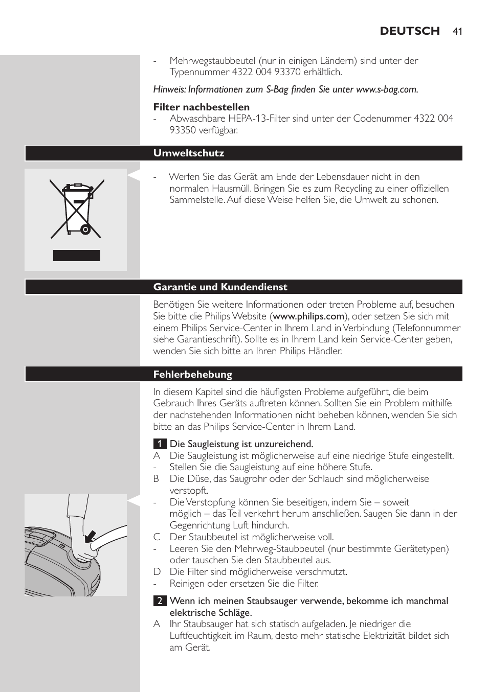 Filter nachbestellen, Umweltschutz, Garantie und kundendienst | Fehlerbehebung | Philips SilentStar Aspirateur avec sac User Manual | Page 41 / 166