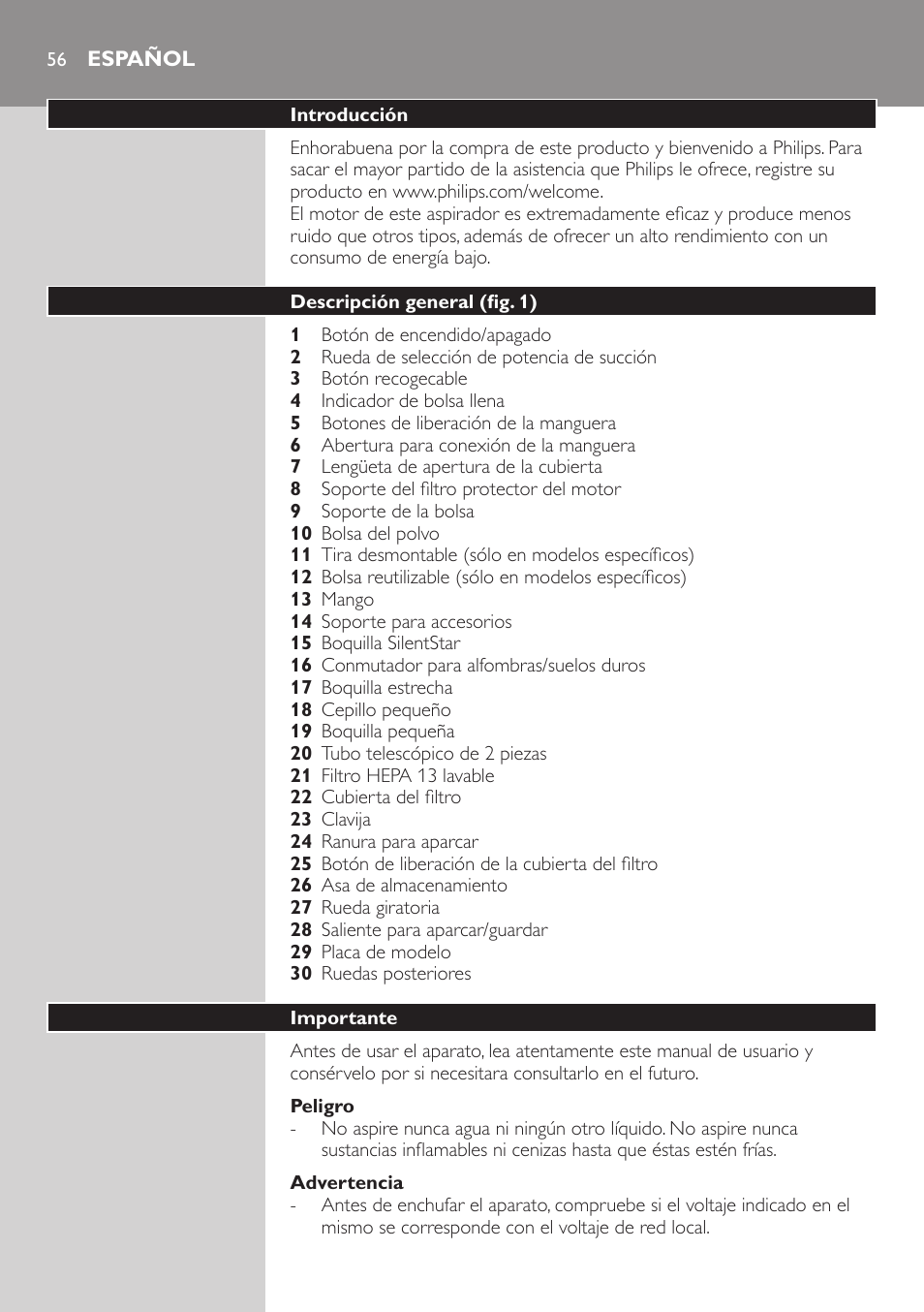 Peligro, Advertencia, Español | Introducción, Descripción general (fig. 1), Importante | Philips SilentStar Aspirateur avec sac User Manual | Page 56 / 166