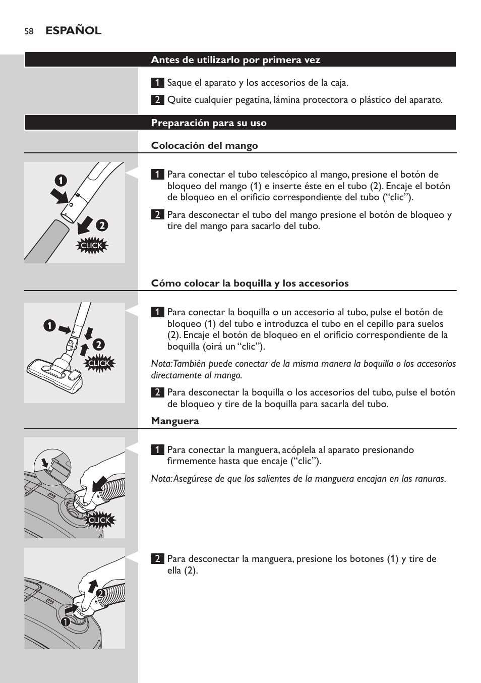 Preparación para su uso, Colocación del mango, Cómo colocar la boquilla y los accesorios | Manguera | Philips SilentStar Aspirateur avec sac User Manual | Page 58 / 166