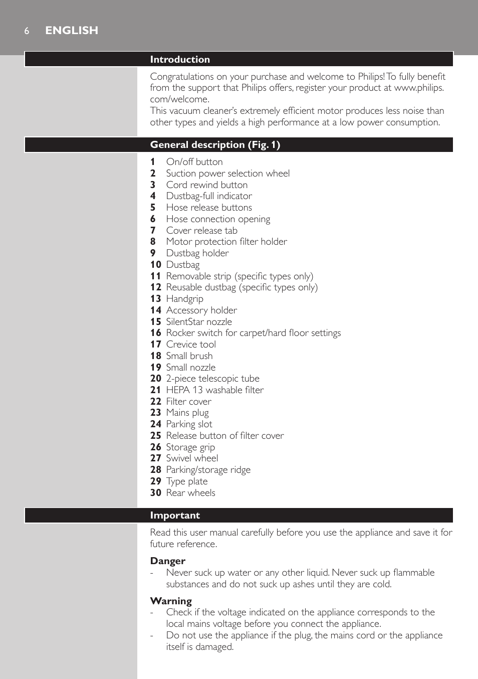 English, Introduction, General description (fig. 1) | Important, Danger, Warning | Philips SilentStar Aspirateur avec sac User Manual | Page 6 / 166