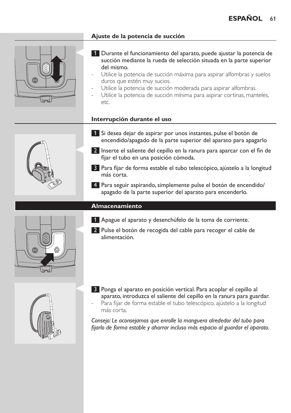 Ajuste de la potencia de succión, Interrupción durante el uso, Almacenamiento | Sustitución/vaciado de la bolsa | Philips SilentStar Aspirateur avec sac User Manual | Page 61 / 166