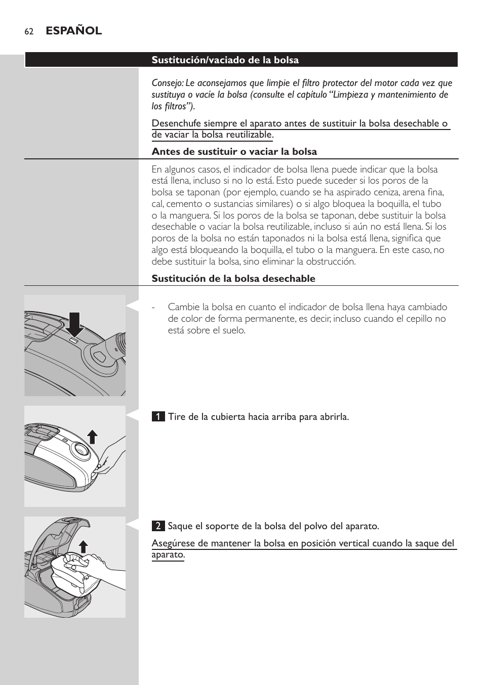 Antes de sustituir o vaciar la bolsa, Sustitución de la bolsa desechable | Philips SilentStar Aspirateur avec sac User Manual | Page 62 / 166