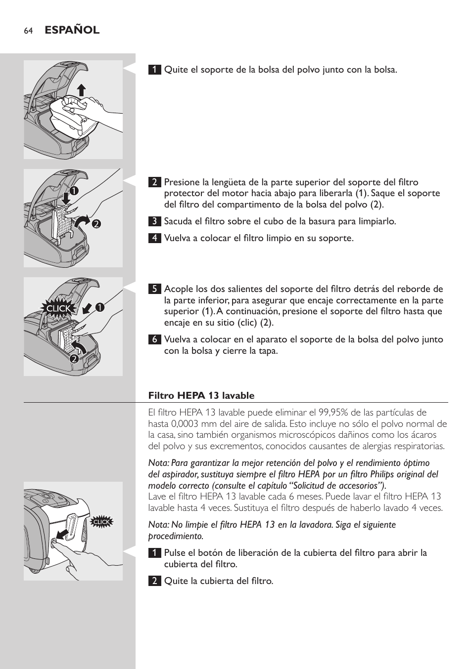 Filtro hepa 13 lavable | Philips SilentStar Aspirateur avec sac User Manual | Page 64 / 166