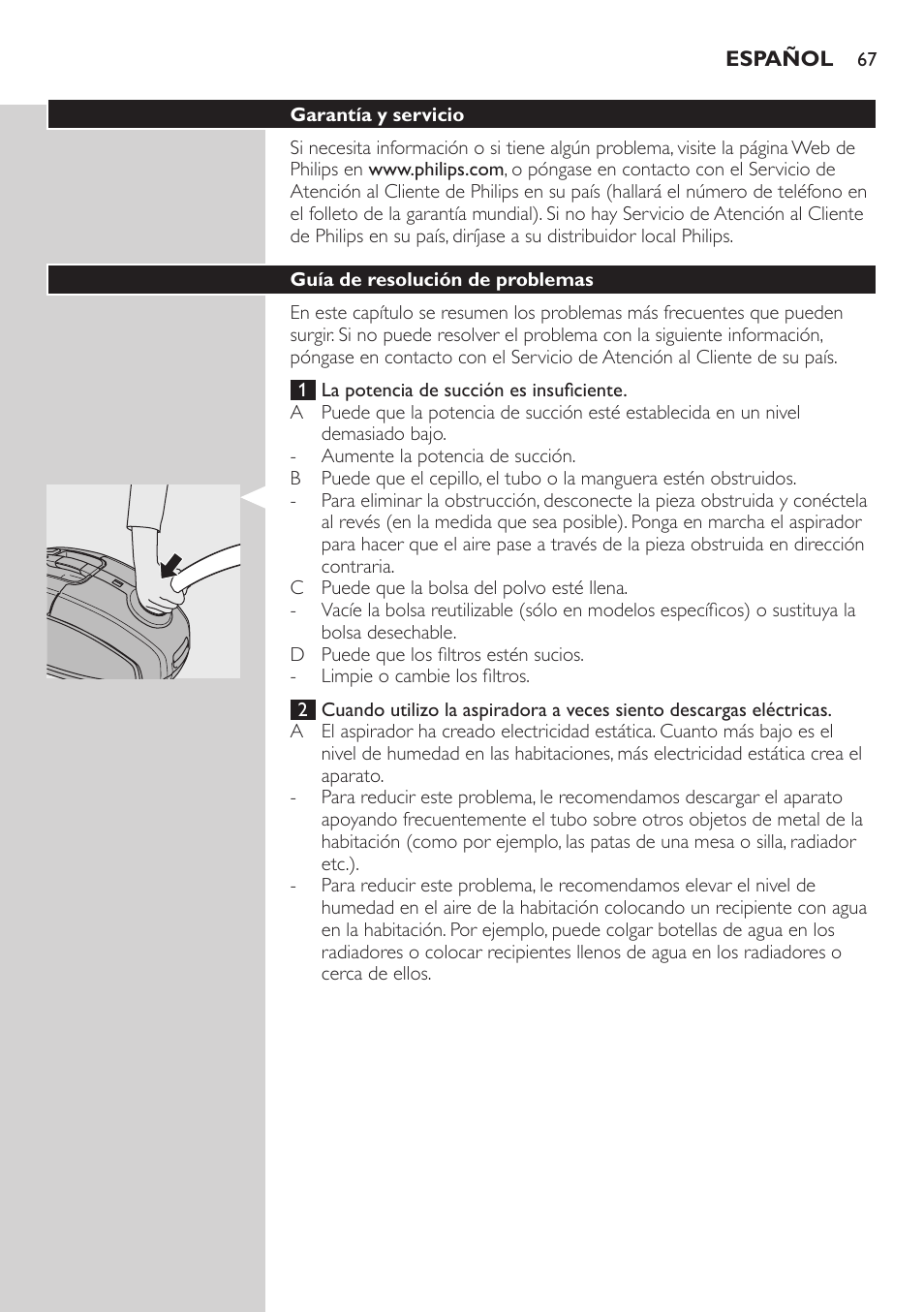 Garantía y servicio, Guía de resolución de problemas | Philips SilentStar Aspirateur avec sac User Manual | Page 67 / 166