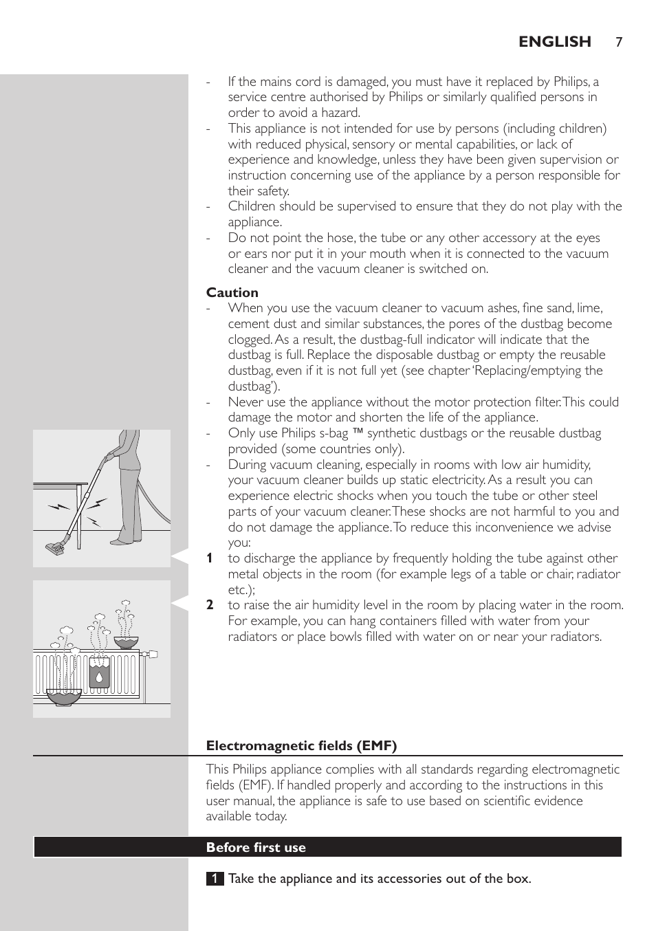 Caution, Electromagnetic fields (emf), Before first use | Philips SilentStar Aspirateur avec sac User Manual | Page 7 / 166