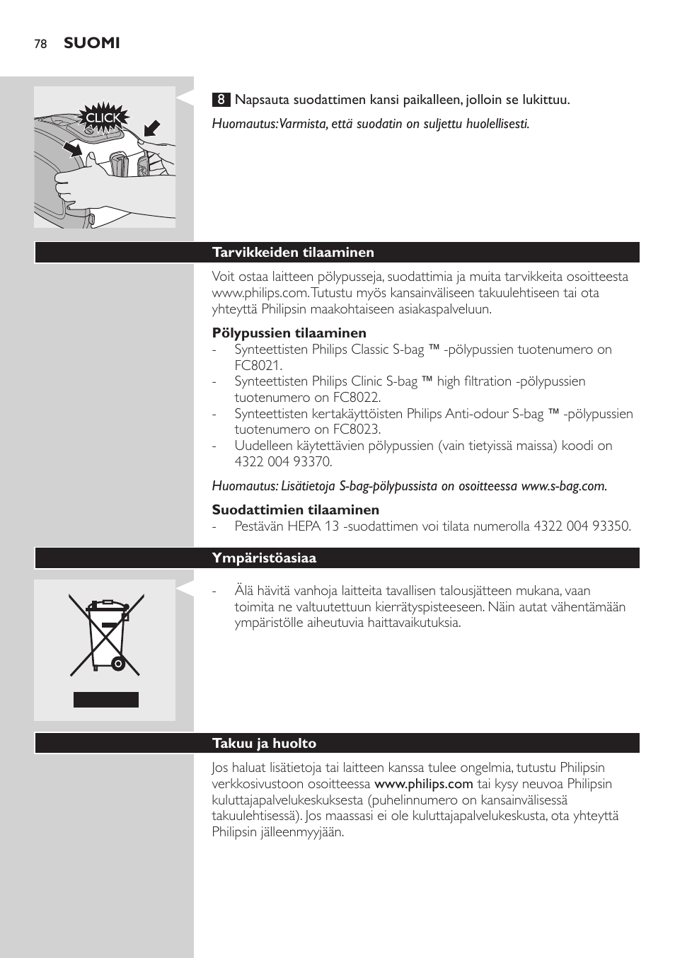 Pölypussien tilaaminen, Suodattimien tilaaminen, Tarvikkeiden tilaaminen | Ympäristöasiaa, Takuu ja huolto, Vianmääritys | Philips SilentStar Aspirateur avec sac User Manual | Page 78 / 166