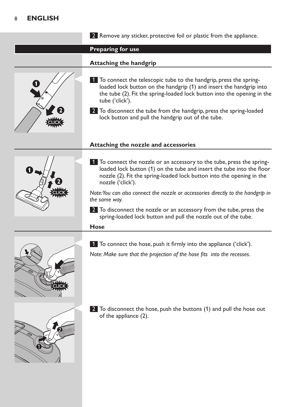 Preparing for use, Attaching the handgrip, Attaching the nozzle and accessories | Hose | Philips SilentStar Aspirateur avec sac User Manual | Page 8 / 166