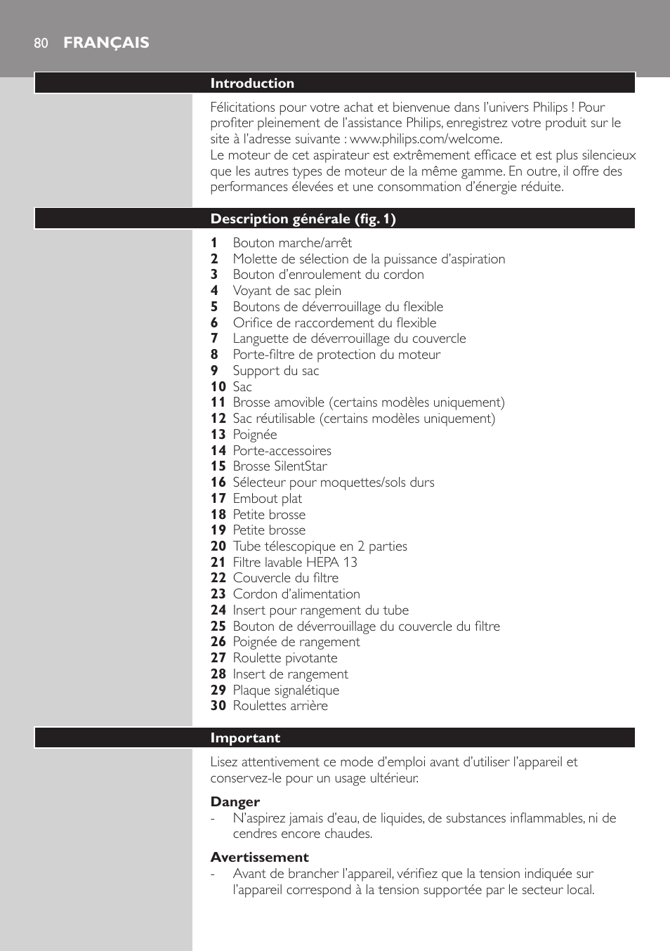 Danger, Avertissement, Français | Introduction, Description générale (fig. 1), Important | Philips SilentStar Aspirateur avec sac User Manual | Page 80 / 166